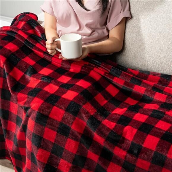 PAVILIA Black and Red Buffalo Plaid Fleece Throw Blanket for Couch, Soft - Picture 6 of 7